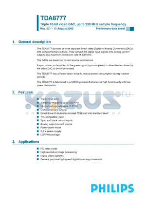 TDA8777HL/33/C1 datasheet - Triple 10-bit video DAC, up to 330 MHz sample frequency