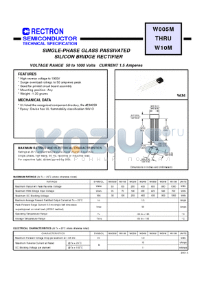 W08M datasheet - SINGLE-PHASE GLASS PASSIVATED SILICON BRIDGE RECTIFIER(VOLTAGE RANGE 50 to 1000 Volts CURRENT 1.5 Amperes)