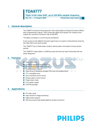 TDA8777 datasheet - Triple 10-bit video DAC, up to 330 MHz sample frequency