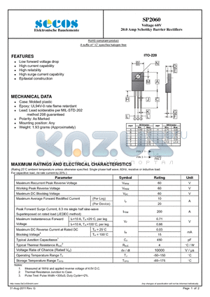 SP2060_11 datasheet - Voltage 60V 20.0 Amp Schottky Barrier Rectifiers
