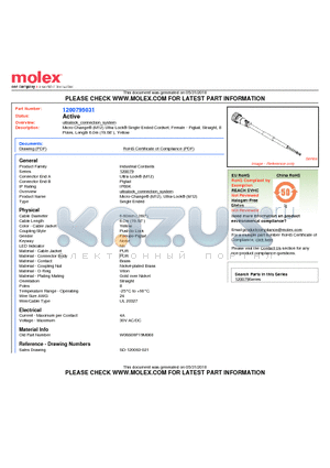 W08S00P19M060 datasheet - Micro-Change (M12) Ultra-Lock Single-Ended Cordset, Female - Pigtail, Straight, 8 Poles