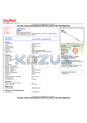 W08S06P19M100 datasheet - Micro-Change (M12) Ultra-Lock Single-Ended Cordset, Male - Pigtail, Straight, 8 Poles