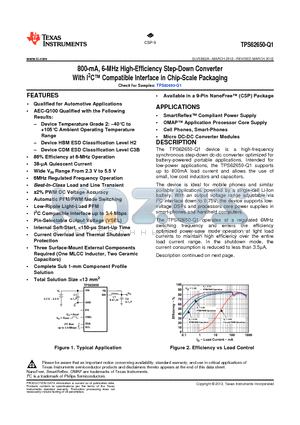 TPS62650TYFFRQ1 datasheet - 800-mA, 6-MHz High-Efficiency Step-Down Converter With I2C Compatible Interface in Chip-Scale Packaging