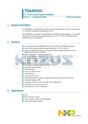 TDA8922C datasheet - 2 X 75 W class-D power amplifier