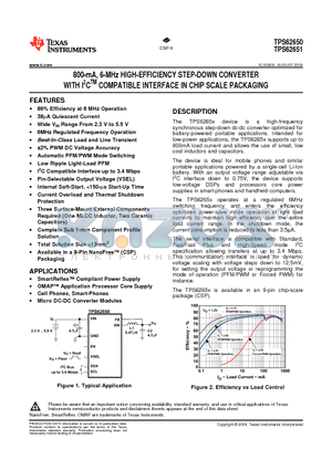 TPS62650YFFT datasheet - 800-mA 6-MHz HIGH-EFFICIENCY STEP-DOWN CONVERTER WITH I2CTM COMPATIBLE INTERFACE IN CHIP SCALE PACKAGING