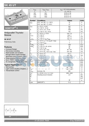 SK45UT08 datasheet - Antiparallel Thyristor Module