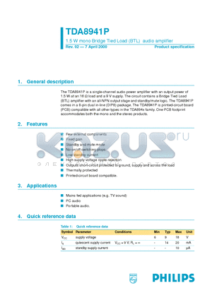 TDA8941 datasheet - 1.5 W mono Bridge Tied Load BTL audio amplifier