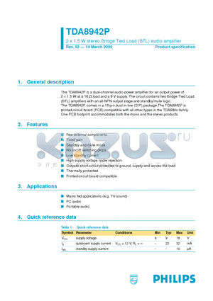 TDA8942P datasheet - 2 x 1.5 W stereo Bridge Tied Load BTL audio amplifier