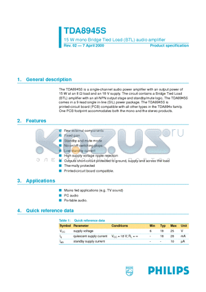 TDA8945 datasheet - 15 W mono Bridge Tied Load BTL audio amplifier