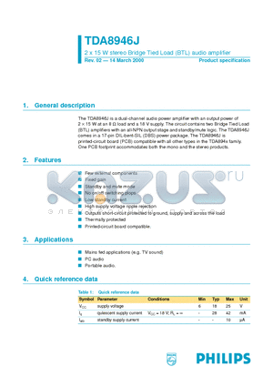 TDA8946 datasheet - 2 x 15 W stereo Bridge Tied Load BTL audio amplifier