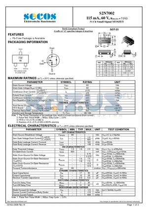 S2N7002 datasheet - N-Ch Small Signal MOSFET