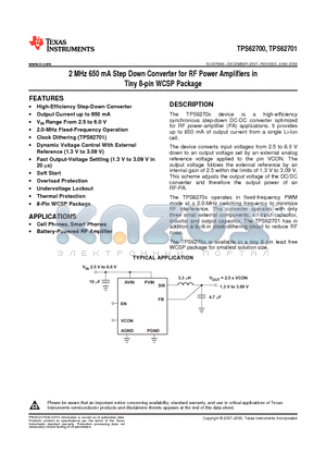 TPS62701YZF datasheet - 2 MHz 650 mA Step Down Converter for RF Power Amplifiers in Tiny 8-pin WCSP Package