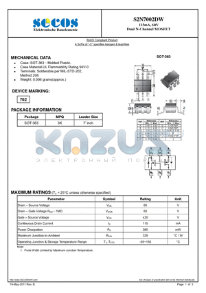 S2N7002DW datasheet - Dual N-Channel MOSFET