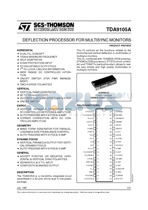 TDA9105A datasheet - DEFLECTION PROCESSOR FOR MULTISYNC MONITORS