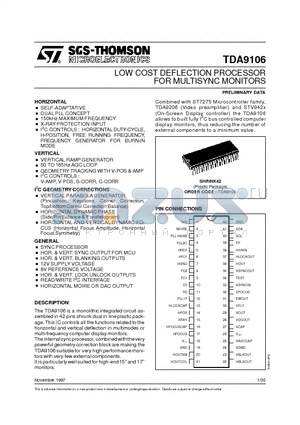 TDA9106 datasheet - LOW COST DEFLECTION PROCESSOR FOR MULTISYNC MONITORS