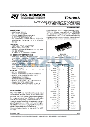 TDA9106A datasheet - LOW COST DEFLECTION PROCESSOR FOR MULTISYNC MONITORS