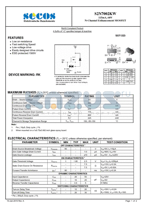 S2N7002KW datasheet - N-Channel Enhancement MOSFET