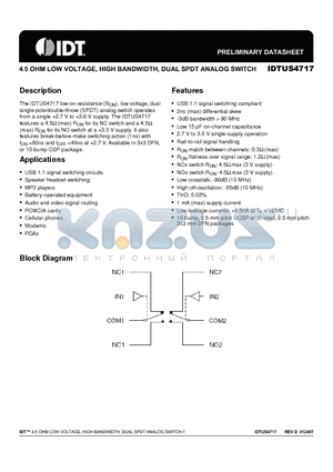 US4717AHG datasheet - 4.5 OHM LOW VOLTAGE, HIGH BANDWIDTH, DUAL SPDT ANALOG SWITCH