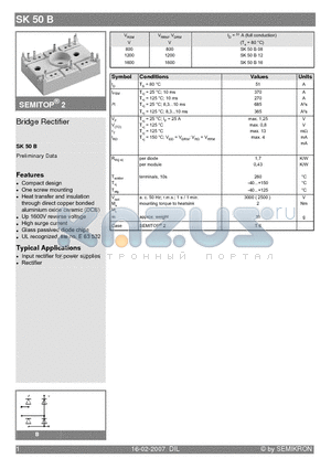 SK50B/08 datasheet - Bridge Rectifier