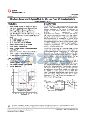 TPS62730 datasheet - Step Down Converter with Bypass Mode for Ultra Low Power Wireless