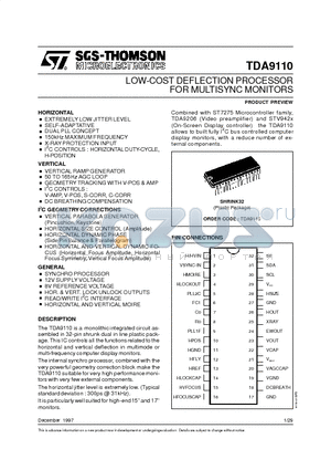 TDA9110 datasheet - LOW-COST DEFLECTION PROCESSOR FOR MULTISYNC MONITORS