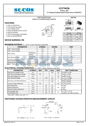 S2N7002K datasheet - 115mA, 60V N-Channel Enhancement Mode Power MOSFET