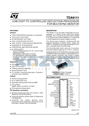 TDA9111 datasheet - LOW-COST I2C CONTROLLED DEFLECTION PROCESSOR FOR MULTISYNC MONITOR