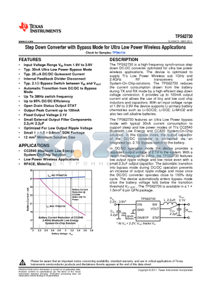 TPS62730 datasheet - Step Down Converter with Bypass Mode for Ultra Low Power Wireless Applications