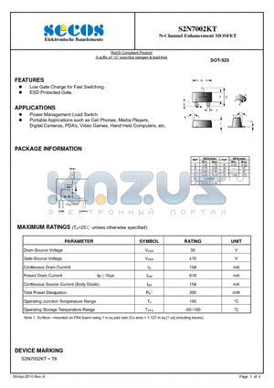 S2N7002KT datasheet - N-Channel Enhancement MOSFET