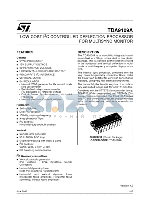 TDA9109A datasheet - LOW-COST I2C CONTROLLED DEFLECTION PROCESSOR FOR MULTISYNC MONITOR