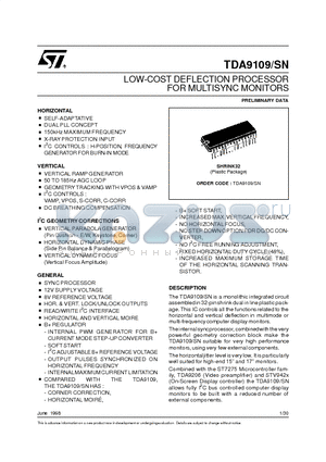 TDA9109SN datasheet - LOW-COST DEFLECTION PROCESSOR FOR MULTISYNC MONITORS