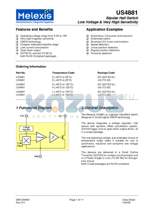 US4881 datasheet - Bipolar Hall Switch Low Voltage & Very High Sensitivity