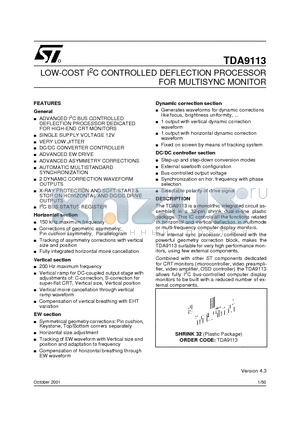 TDA9113 datasheet - LOW-COST I2C CONTROLLED DEFLECTION PROCESSOR FOR MULTISYNC MONITOR