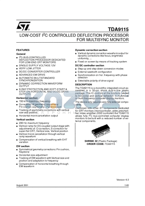TDA9115 datasheet - LOW-COST I2C CONTROLLED DEFLECTION PROCESSOR FOR MULTISYNC MONITOR
