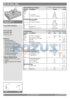 SK50GAL065 datasheet - Fast IGBT Module