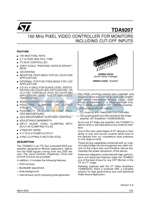 TDA9207 datasheet - 150 MHz PIXEL VIDEO CONTROLLER FOR MONITORS INCLUDING CUT-OFF INPUTS