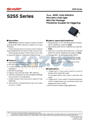 S2S5A00F datasheet - Cost effective Non-zero cross type Mini-Flat Package Phototriac Coupler for triggering