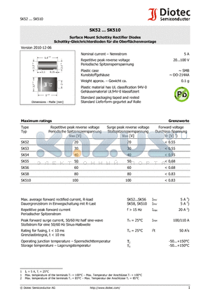 SK510 datasheet - Surface Mount Schottky Rectifier Diodes