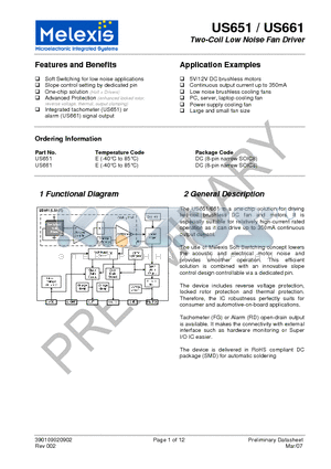 US651 datasheet - Two-Coil Low Noise Fan Driver