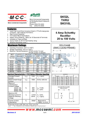 SK510L datasheet - 5 Amp Schottky Rectifier 20 to 100 Volts