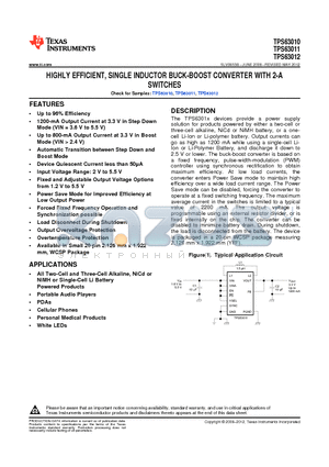 TPS63010YFFR datasheet - HIGHLY EFFICIENT, SINGLE INDUCTOR BUCK-BOOST CONVERTER WITH 2-A SWITCHES