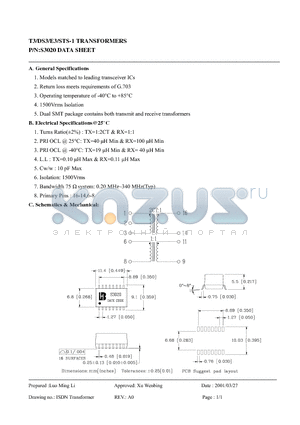 S3020 datasheet - T3/DS3/E3/STS-1 TRANSFORMERS