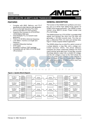 S3029 datasheet - SONET/SDH/ATM 155 MBIT/S QUAD TRANSCEIVER