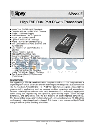 SP2209EEY datasheet - High ESD Dual Port RS-232 Transceiver