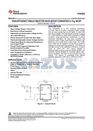 TPS63036 datasheet - HIGH-EFFICIENCY SINGLE INDUCTOR BUCK-BOOST CONVERTER In Tiny WCSP