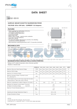 SK54 datasheet - SURFACE MOUNT SCHOTTKY BARRIER RECTIFIER(VOLTAGE- 20 to 100 Volts CURRENT- 5.0 Amperes)