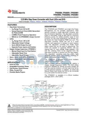 TPS65001RUKR datasheet - 2.25 MHz Step Down Converter with Dual LDOs and SVS