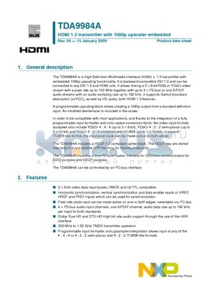 TDA9984A datasheet - HDMI 1.3 transmitter with 1080p upscaler embedded