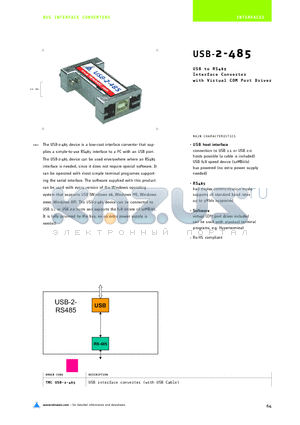 USB-2-485 datasheet - USB to RS485 Interface Converter with Virtual COM Port Driver