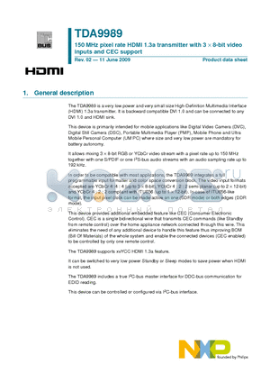 TDA9989 datasheet - 150 MHz pixel rate HDMI 1.3a transmitter with 3 d 8-bit video inputs and CEC support